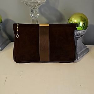 Vintage Dove Designer Suede Clutch, Deep Chocolate Color, Top Zip Closure